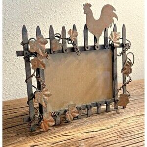 Metal Bronze Picket Fence Rooster Picture Frame Holds 4X6 Inches Used
